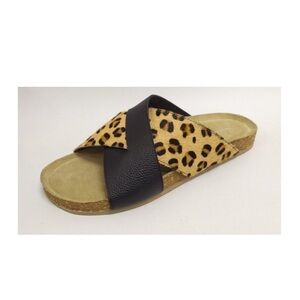 🆕 Max & Drew Amy leopard leather calf hair slip on sandals black brown